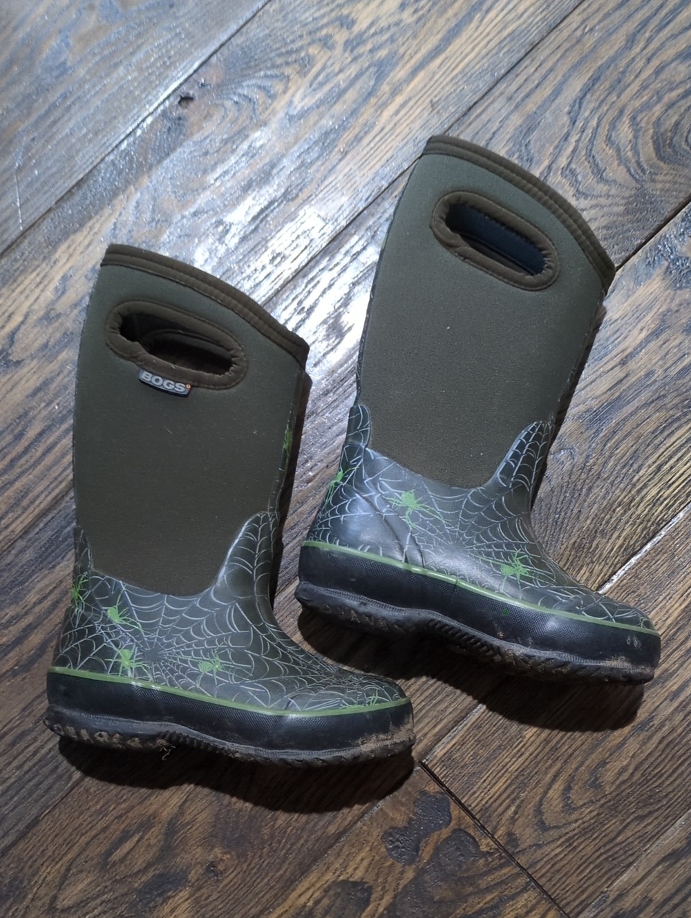 Bogs Kids Olive Green Spider Web Rain Boots with Neon Green Accents